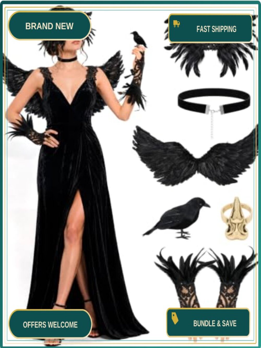 Crow Costume Set Women 6PCS Feather Wings Mask Cuffs Halloween Accessories